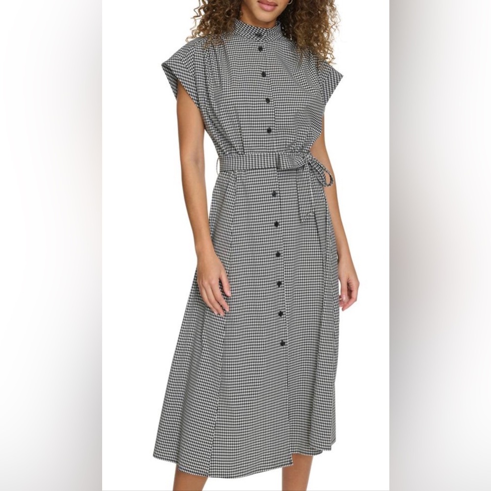 NWOT CALVIN KLEIN Midi Shirtdress Short Sleeve Black/White Gingham w/Belt 10